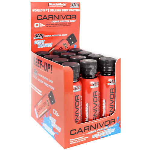 Muscle Meds Carnivor Liquid Protein Shot - Blue Raspberry - 12 Bottles - 891597005376